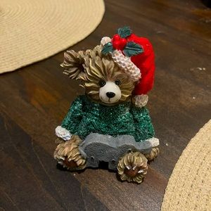 Christmas Bear Statue Decoration Holiday Decor with Santa Hat and Green Sweater